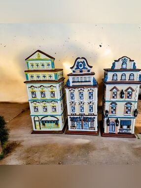 Lot Of 3 Partylite Cafe Tealight Ceramic House Candle Holder Handpainted